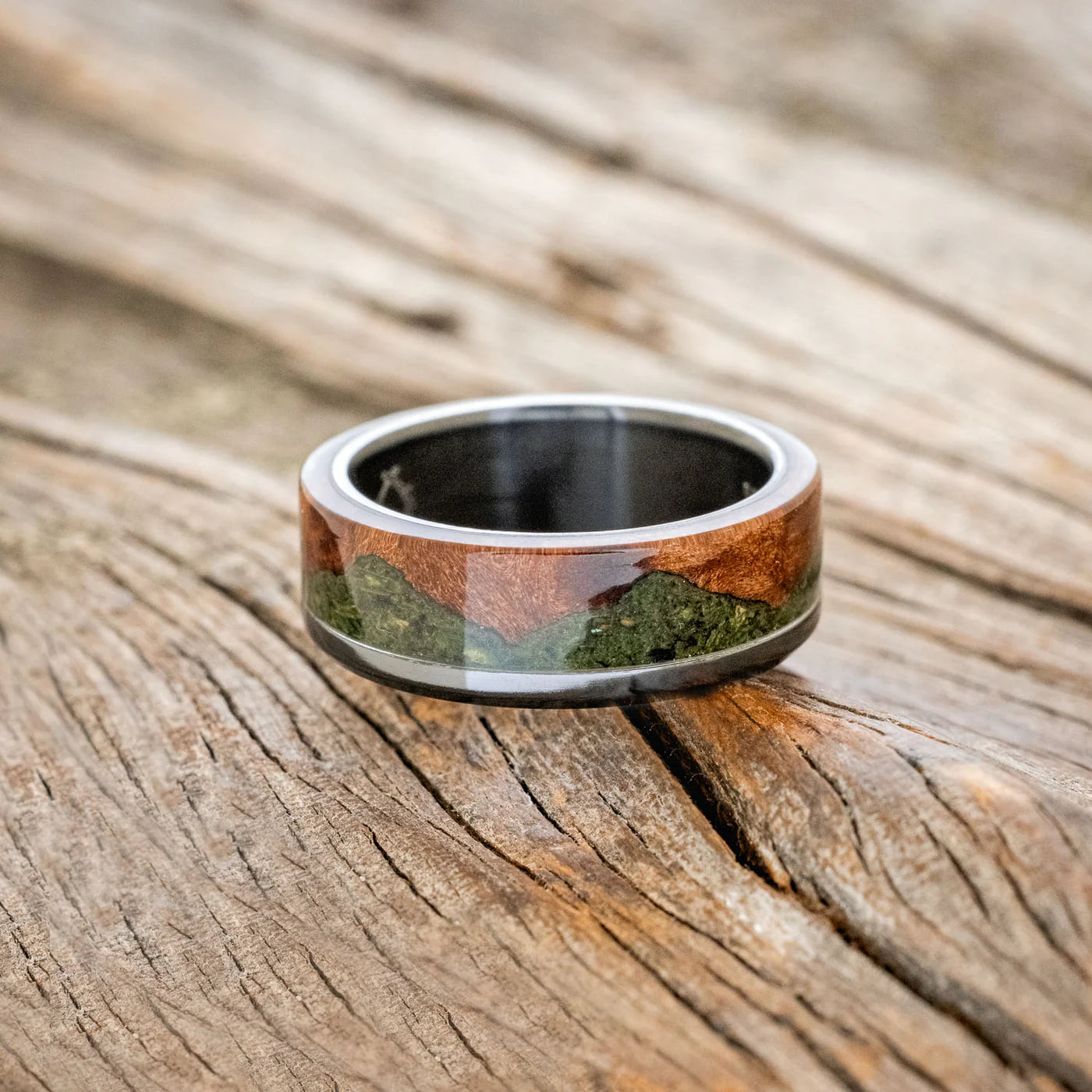 "EZRA" - REDWOOD & MOSS WEDDING RING - BLACK ZIRCONIUM - SIZE 8 1/2-Staghead Designs