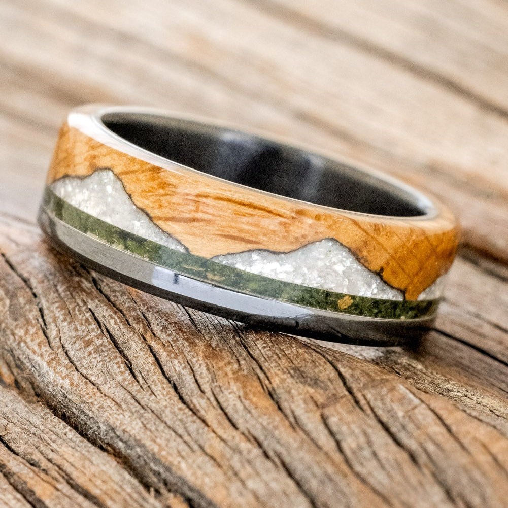"EZRA" - WHISKEY BARREL OAK WITH DIAMOND DUST & MOSS INLAY WEDDING RING-5