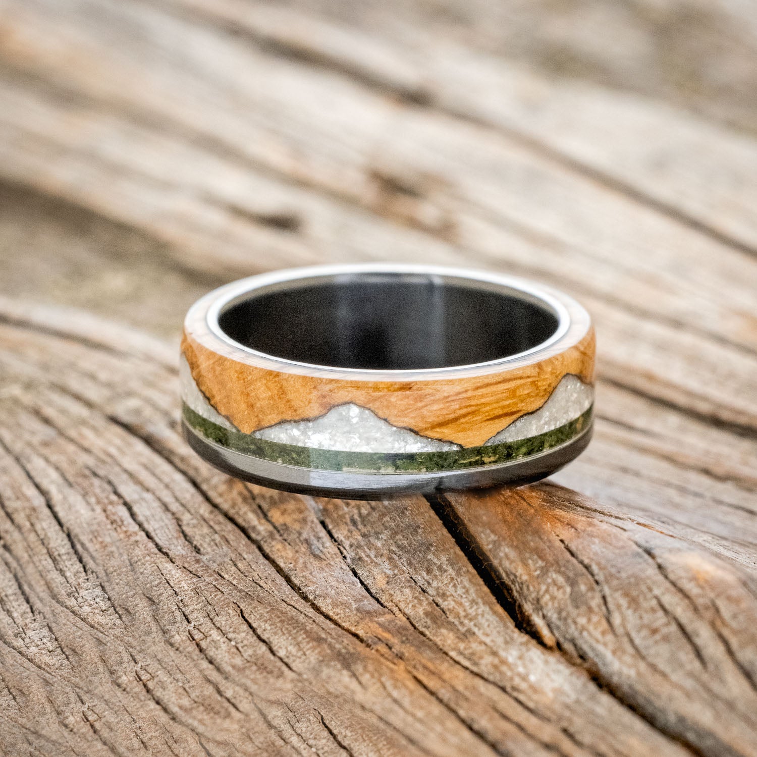 "EZRA" - WHISKEY BARREL OAK WITH DIAMOND DUST & MOSS INLAY WEDDING RING-6