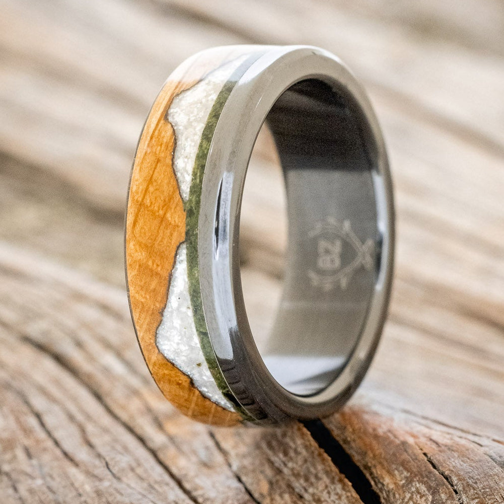 "EZRA" - WHISKEY BARREL OAK WITH DIAMOND DUST & MOSS INLAY WEDDING RING-4