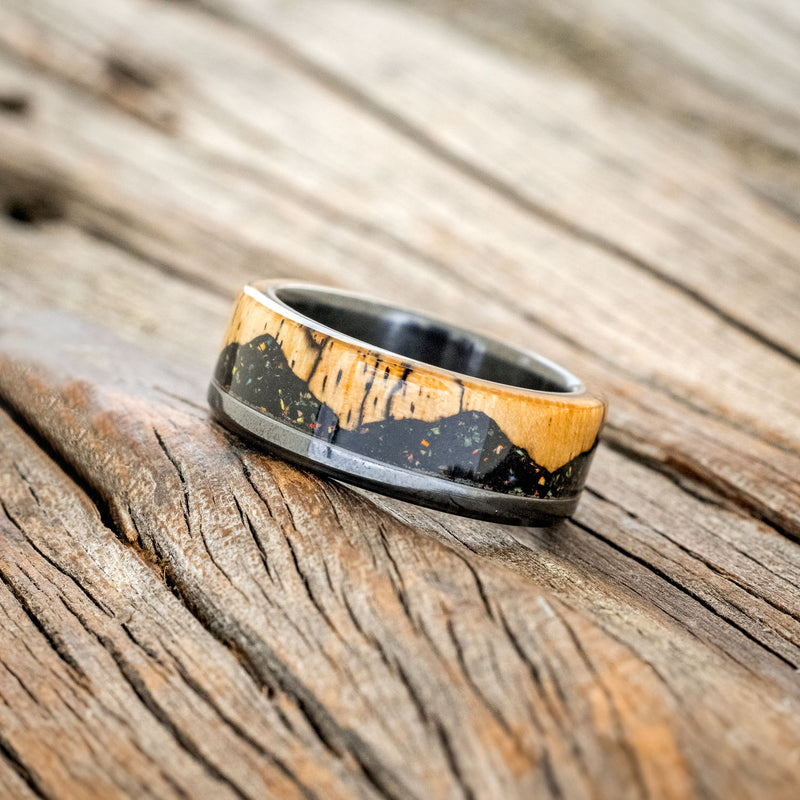 "EZRA" - SPALTED MAPLE WITH JET STONE & OPAL MIX WEDDING BAND