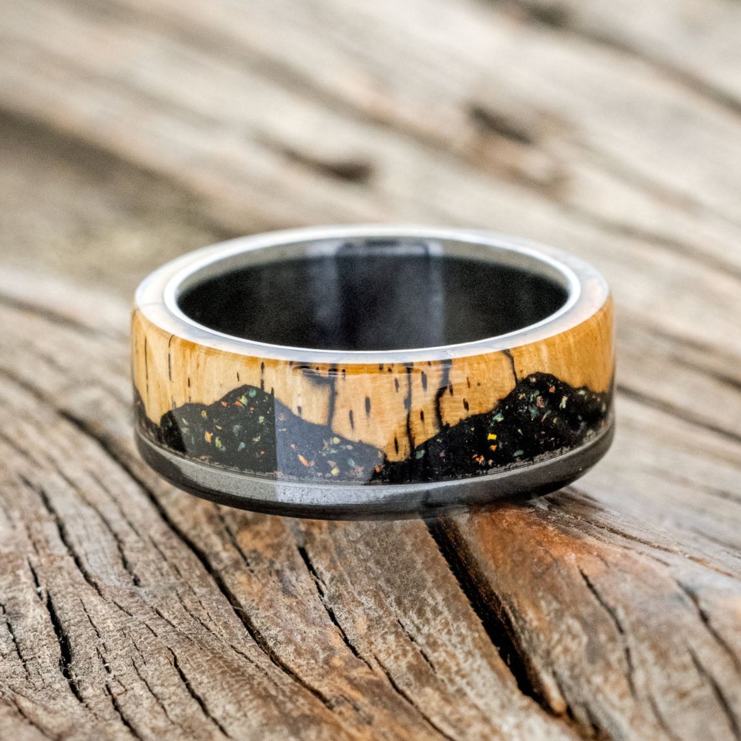 "EZRA" - SPALTED MAPLE WITH JET STONE & OPAL MIX WEDDING BAND-3