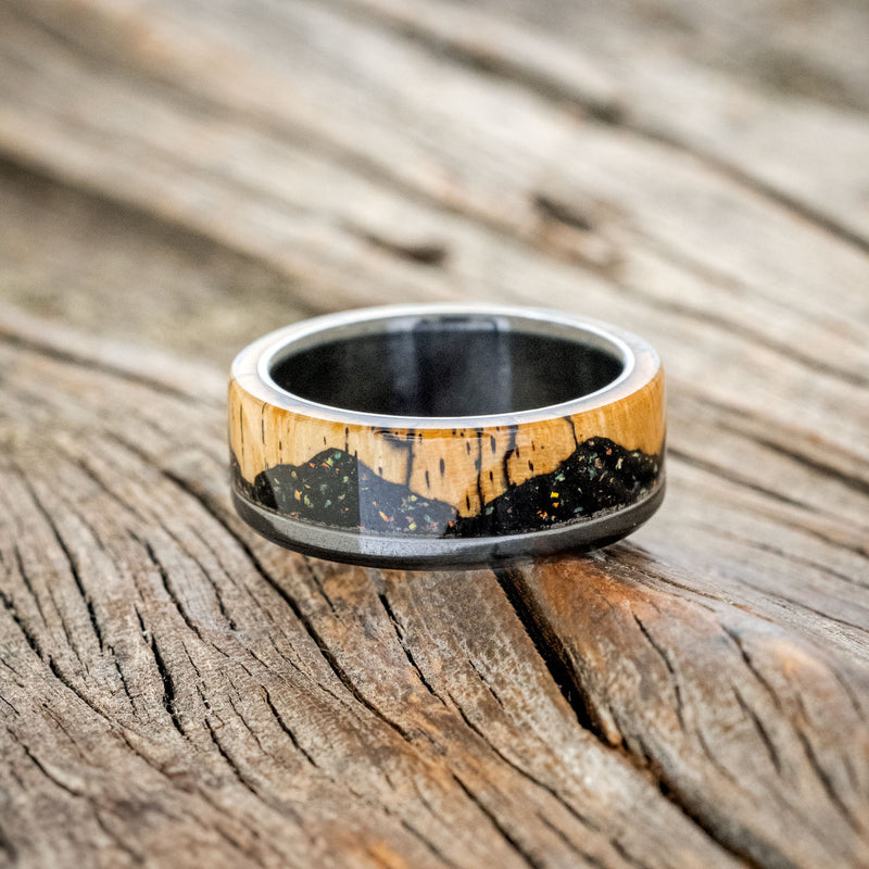"EZRA" - SPALTED MAPLE WITH JET STONE & OPAL MIX WEDDING BAND