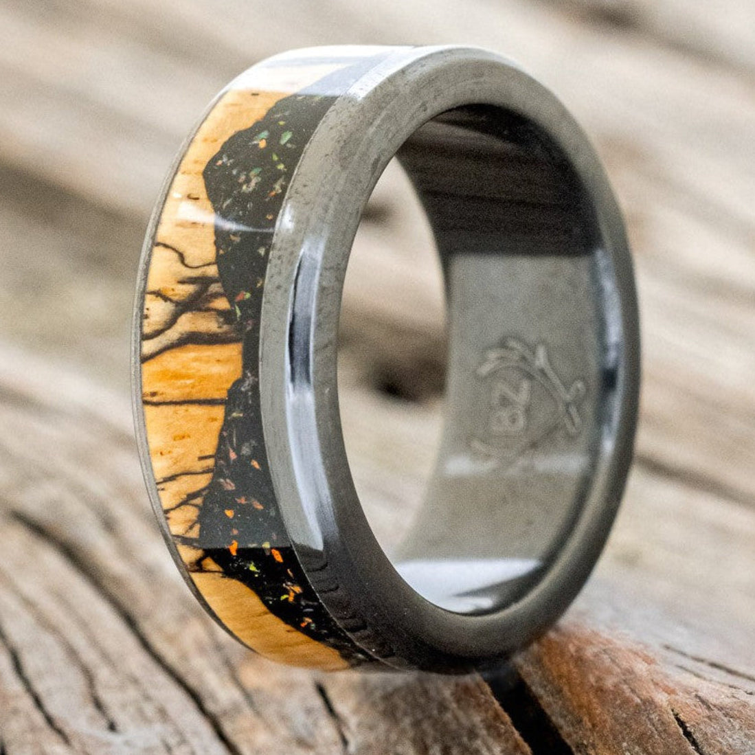 "EZRA" - SPALTED MAPLE WITH JET STONE & OPAL MIX WEDDING BAND-2