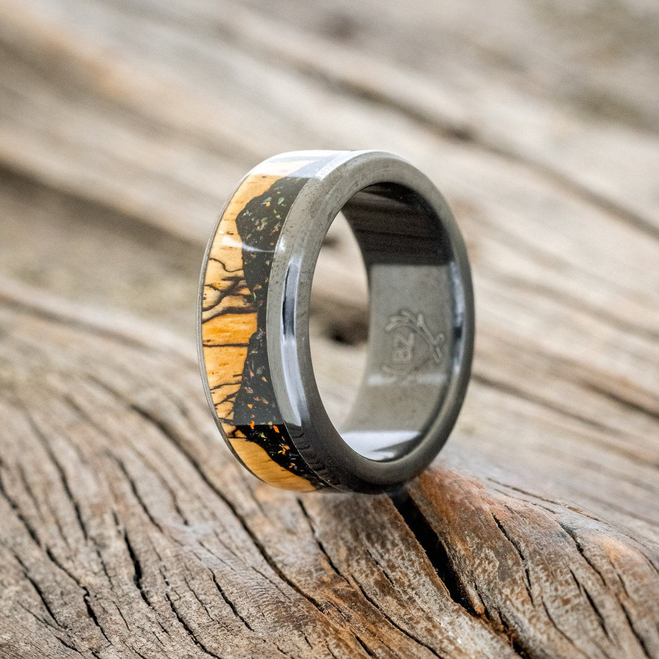 "EZRA" - SPALTED MAPLE WITH JET STONE & OPAL MIX WEDDING BAND-2