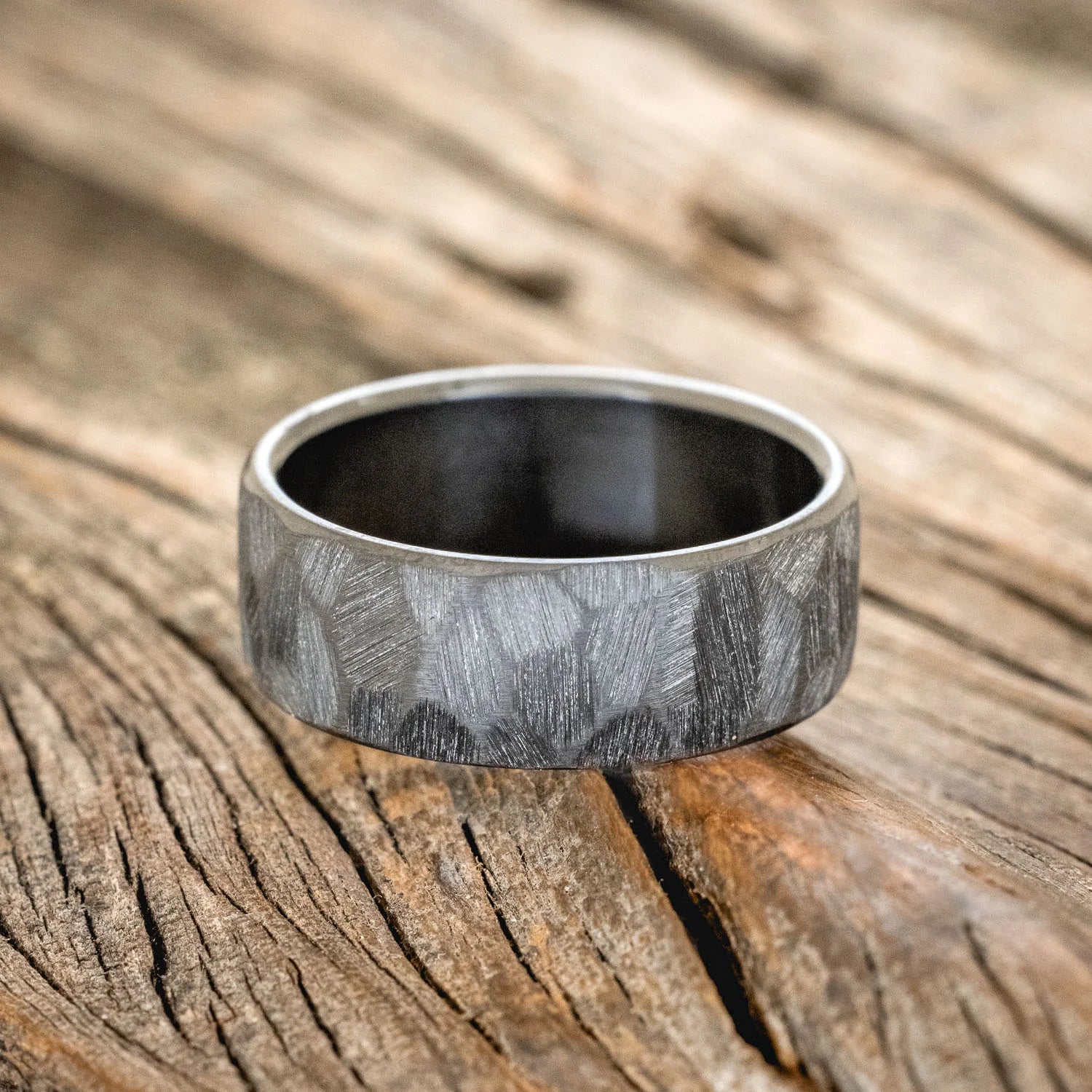 FACETED BLACK ZIRCONIUM RING WITH TEXTURED FINISH - WEDDING BAND - SIZE 9 1/2-3