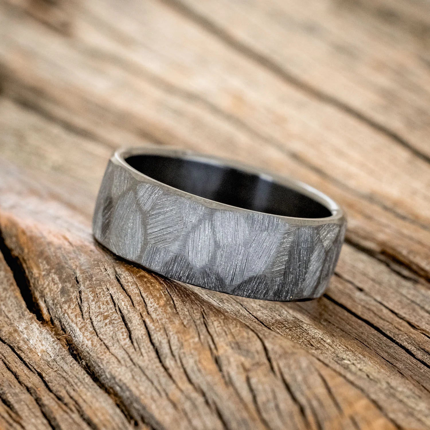 FACETED BLACK ZIRCONIUM RING WITH TEXTURED FINISH - WEDDING BAND - SIZE 9 1/2-2