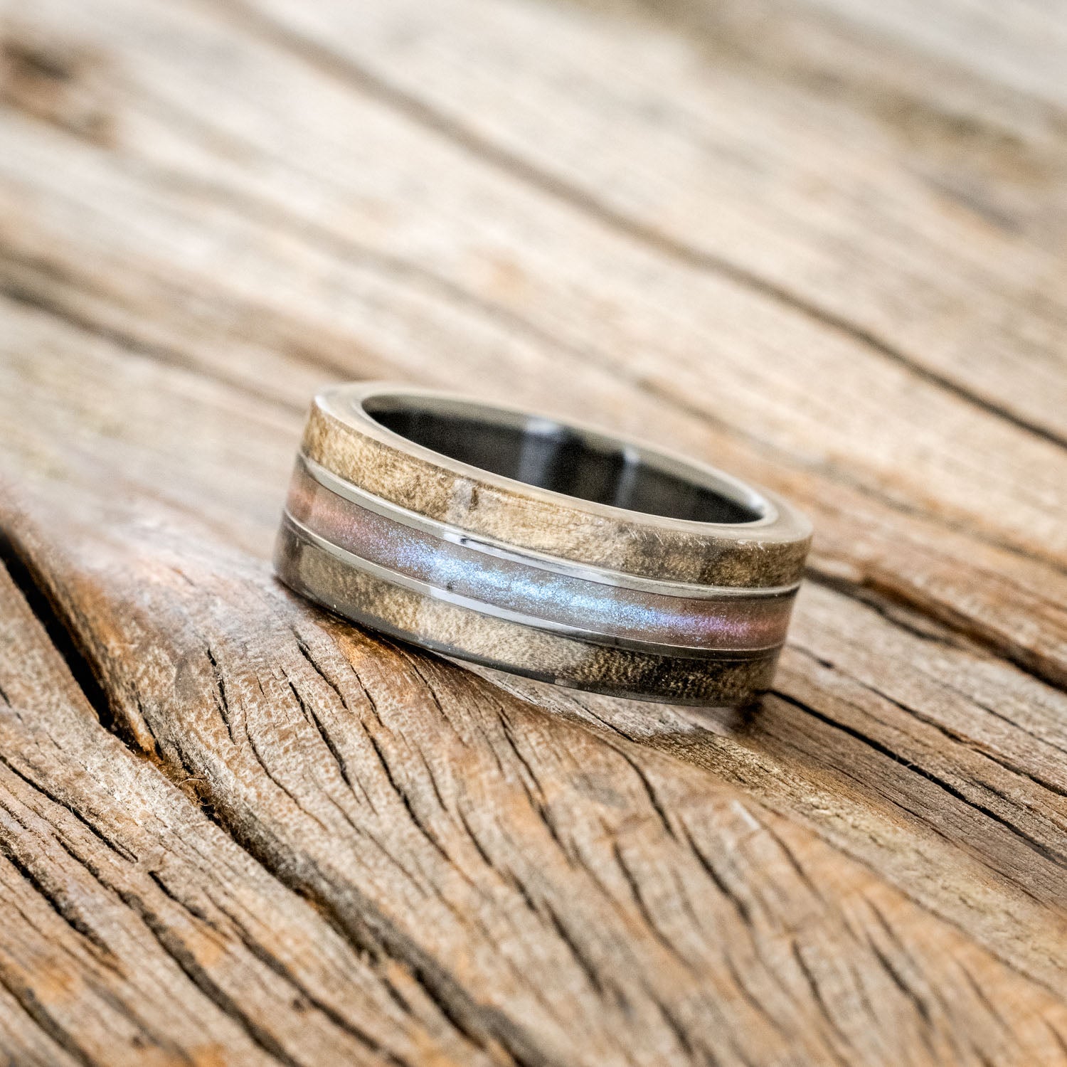 "GLEN" - BUCKEYE BURL WOOD & COSMIC ACRYLIC WEDDING BAND-2