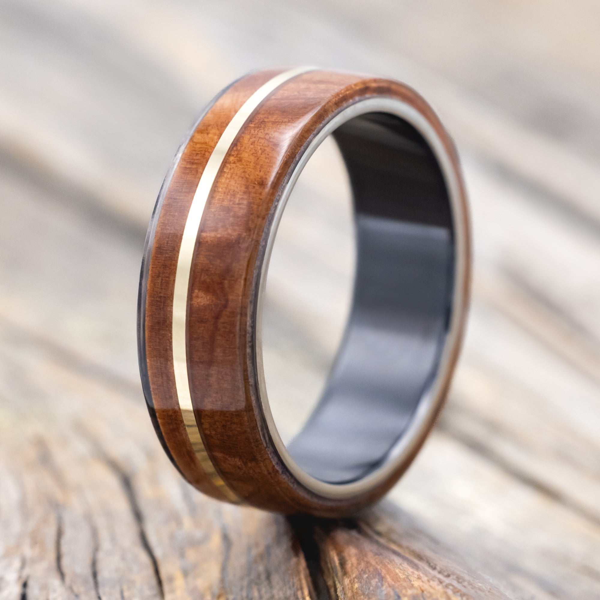 "GOLDEN" - REDWOOD & 14K GOLD INLAY WEDDING BAND-Staghead Designs