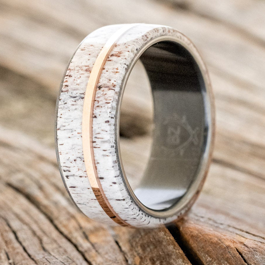 "GOLDEN" - ELK ANTLER & 14K GOLD INLAY WEDDING BAND-7