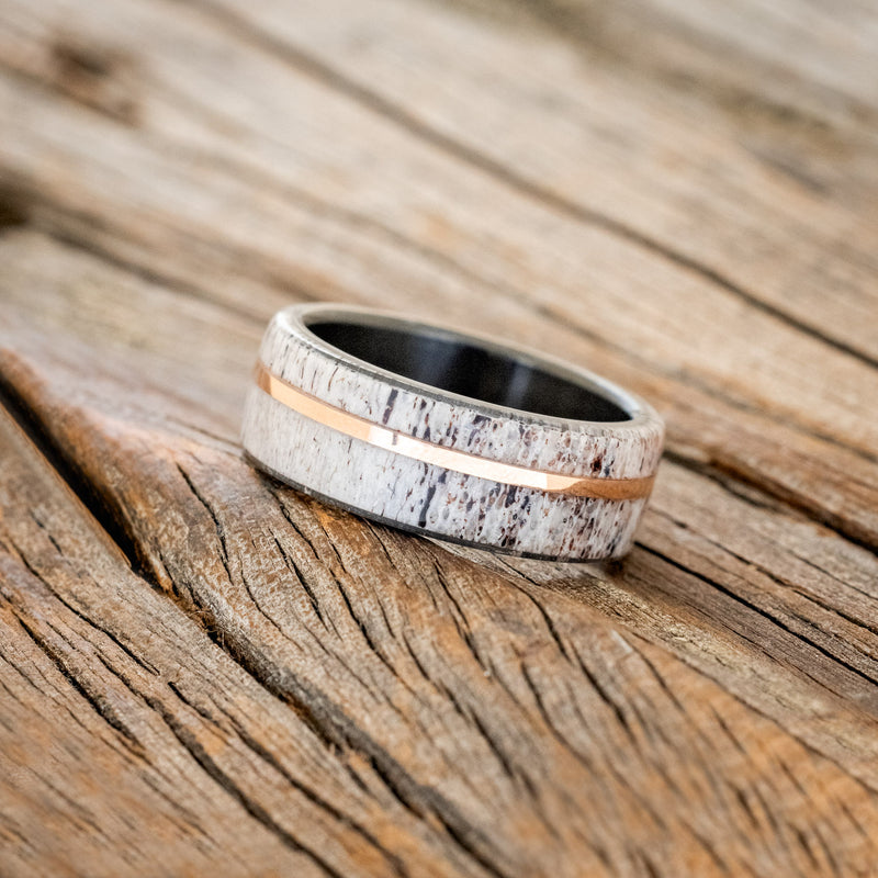 The Stag | Men's Antique Walnut Wood & Elk Antler Wedding Band with Dual Metal Inlays | Rustic and Main