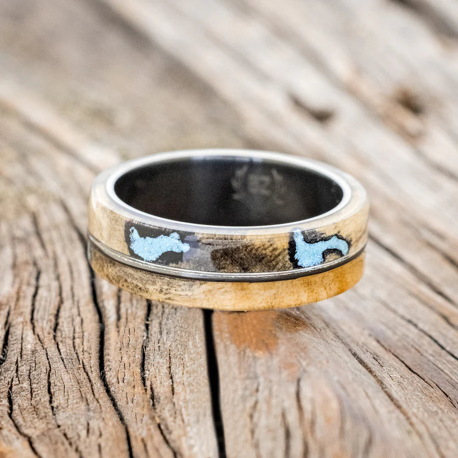 "GOLDEN" - BUCKEYE BURL WOOD WEDDING BAND WITH TURQUOISE INAYS - BLACK ZIRCONIUM - SIZE 10 1/2-Staghead Designs