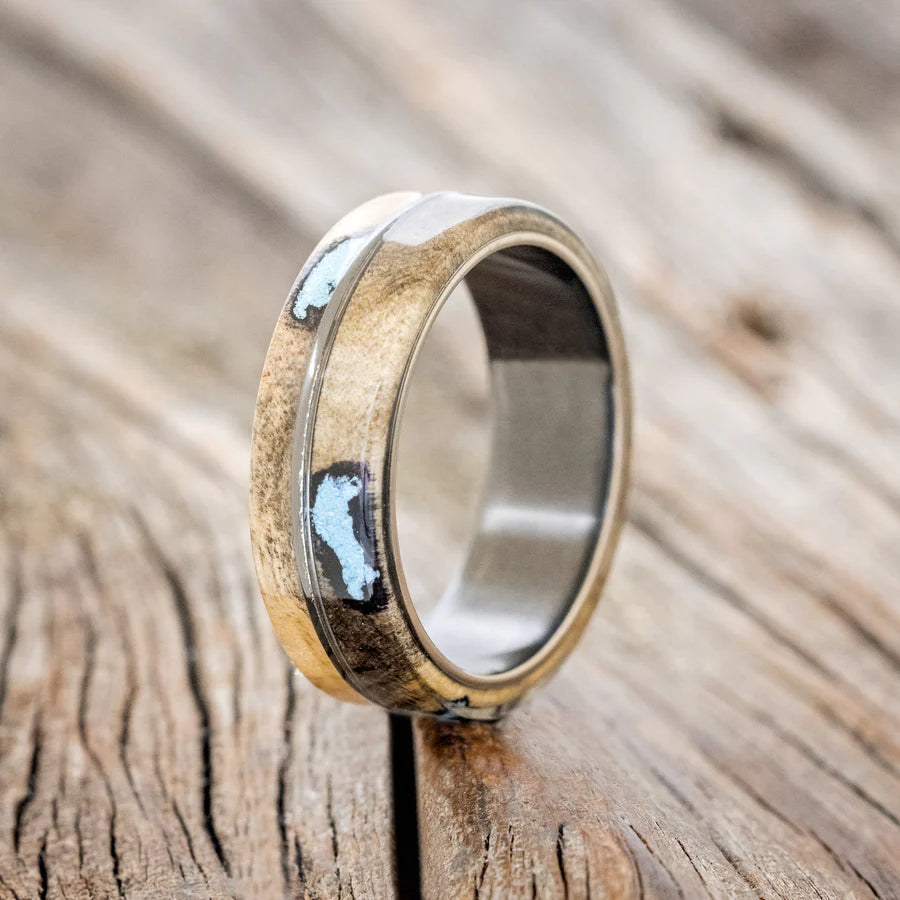 "GOLDEN" - BUCKEYE BURL WOOD WEDDING BAND WITH TURQUOISE INAYS - BLACK ZIRCONIUM - SIZE 10 1/2-Staghead Designs