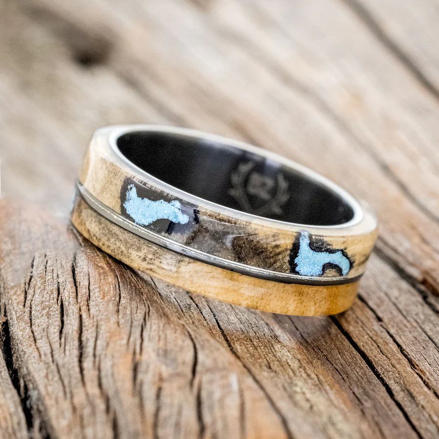 "GOLDEN" - BUCKEYE BURL WOOD WEDDING BAND WITH TURQUOISE INAYS - BLACK ZIRCONIUM - SIZE 10 1/2-Staghead Designs