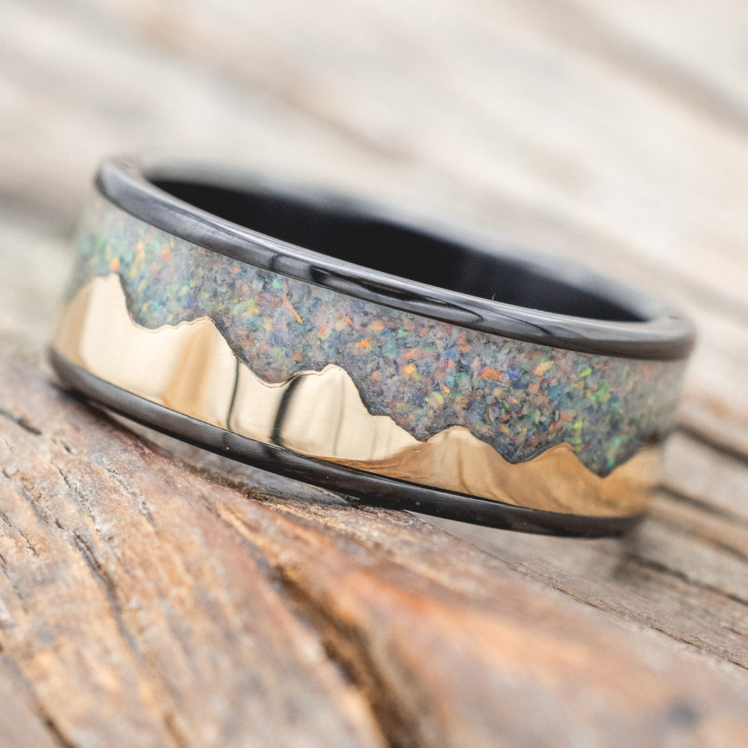 "HELIOS" - GOLD ANDES MOUNTAIN RANGE WITH FIRE AND ICE OPAL INLAY WEDDING BAND-Staghead Designs
