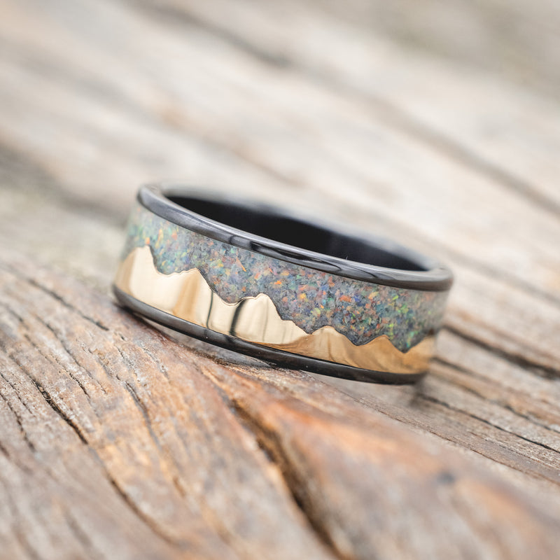 "HELIOS" - GOLD ANDES MOUNTAIN RANGE WITH FIRE AND ICE OPAL INLAY WEDDING BAND