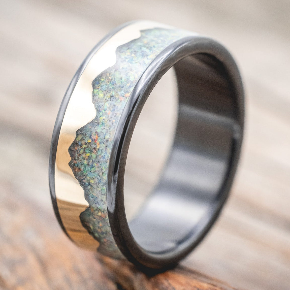 "HELIOS" - GOLD ANDES MOUNTAIN RANGE WITH FIRE AND ICE OPAL INLAY WEDDING BAND-Staghead Designs