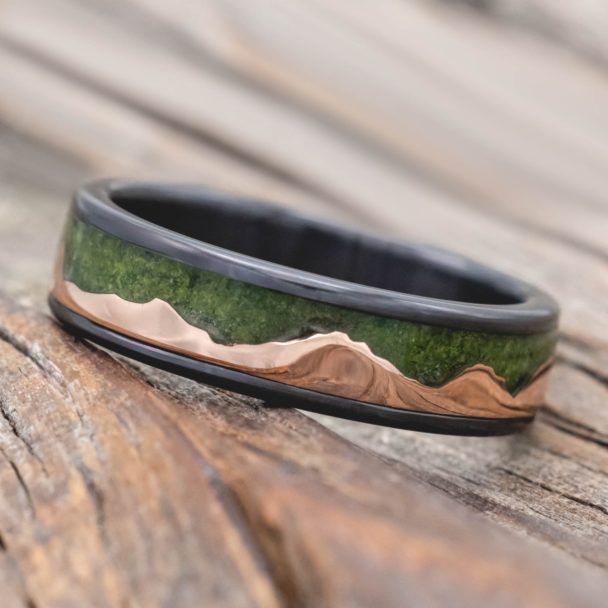 "HELIOS" - MOSS & 14K GOLD MOUNTAIN RANGE WEDDING BAND-Staghead Designs
