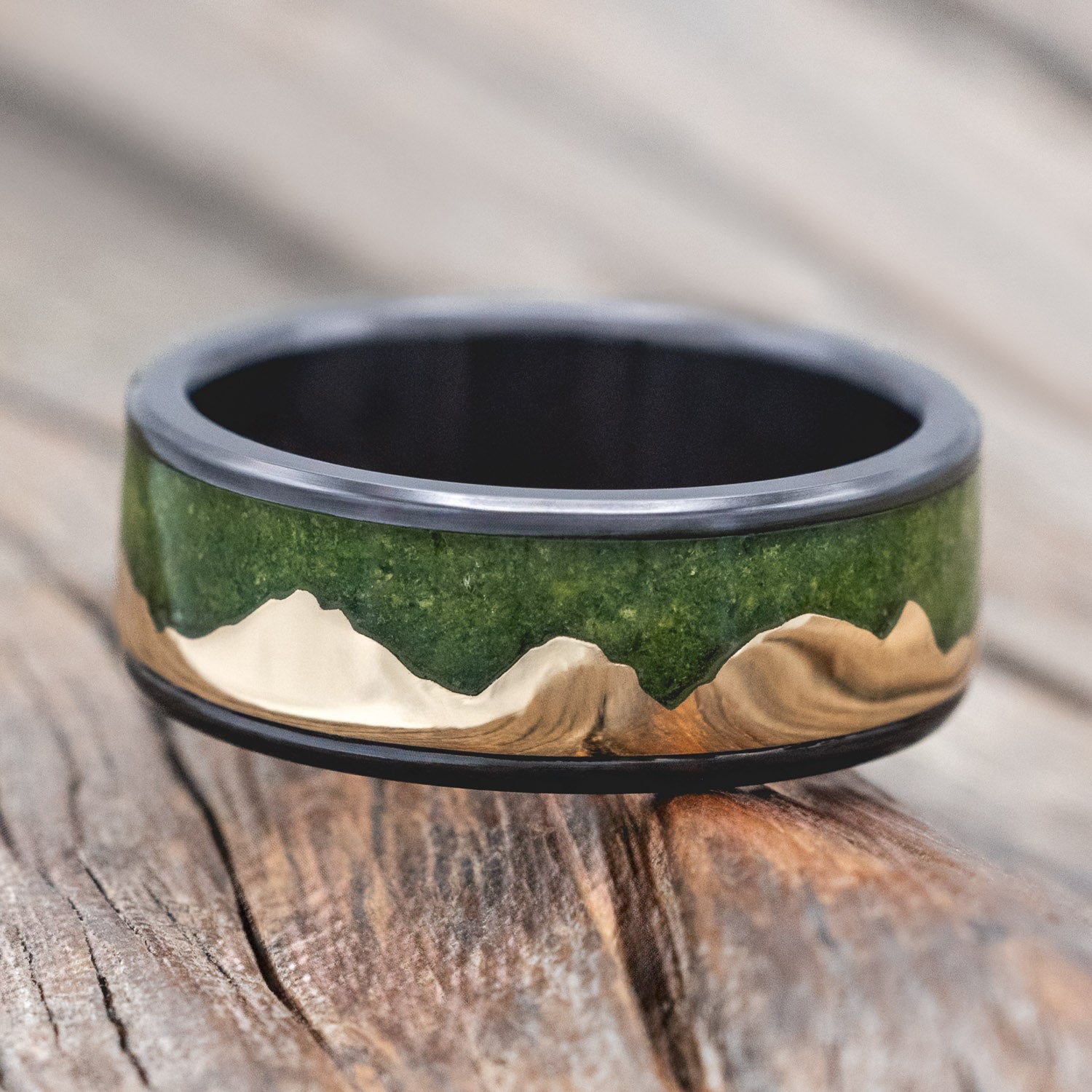 "HELIOS" - MOSS & 14K YELLOW GOLD MOUNTAIN RANGE WEDDING BAND-Staghead Designs