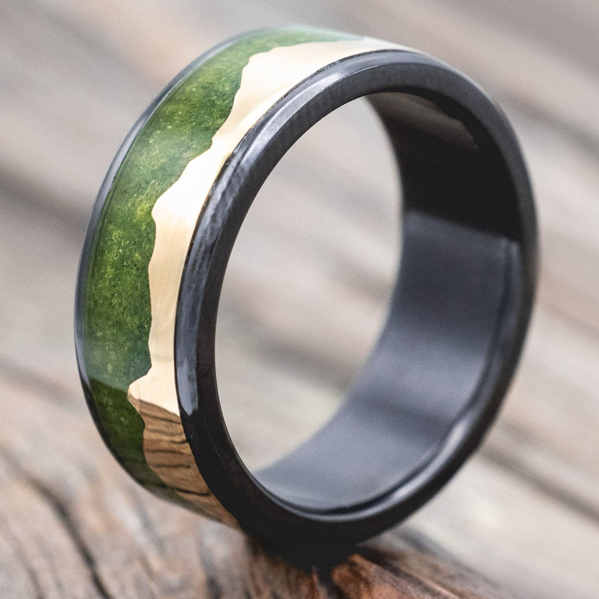 "Helios" - Moss & 14K Gold Mountain Range Men's Wedding Band-Staghead Designs