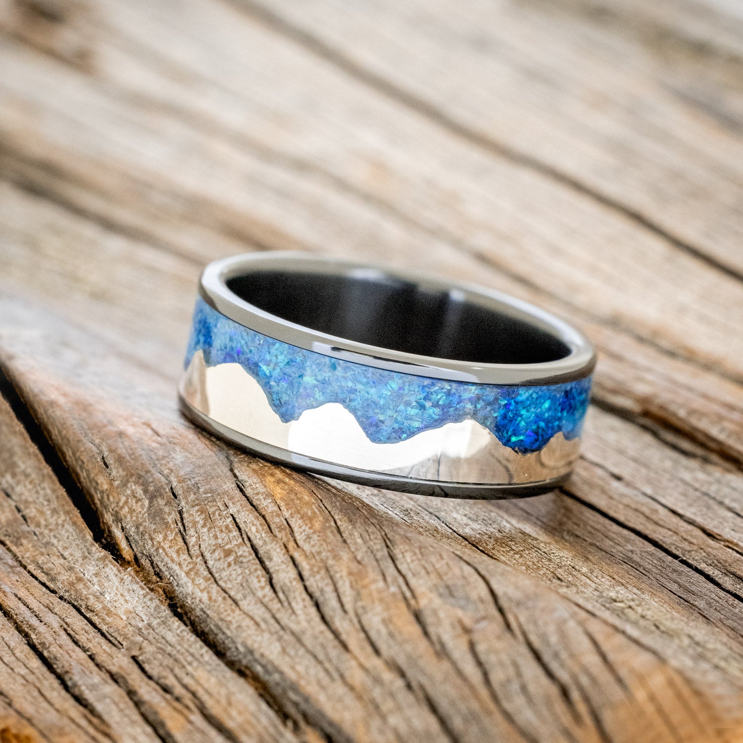"HELIOS" - BLUE OPAL WITH SILVER MOUNTAIN RANGE WEDDING BAND-8