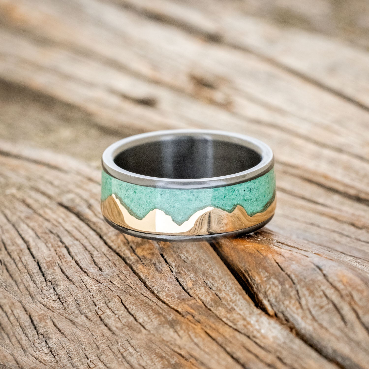 "HELIOS" - MALACHITE & 14K GOLD MOUNTAIN RANGE WEDDING BAND-3