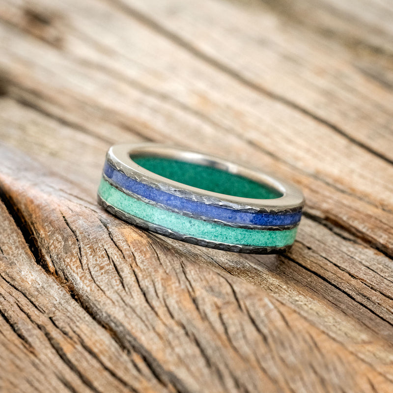 "RAPTOR" - LAPIS LAZULI & MALACHITE INLAY & LINING WEDDING BAND WITH A HAMMERED FINISH-11