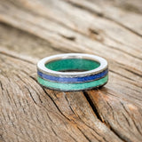 "RAPTOR" - LAPIS LAZULI & MALACHITE INLAY & LINING WEDDING BAND WITH A HAMMERED FINISH-9