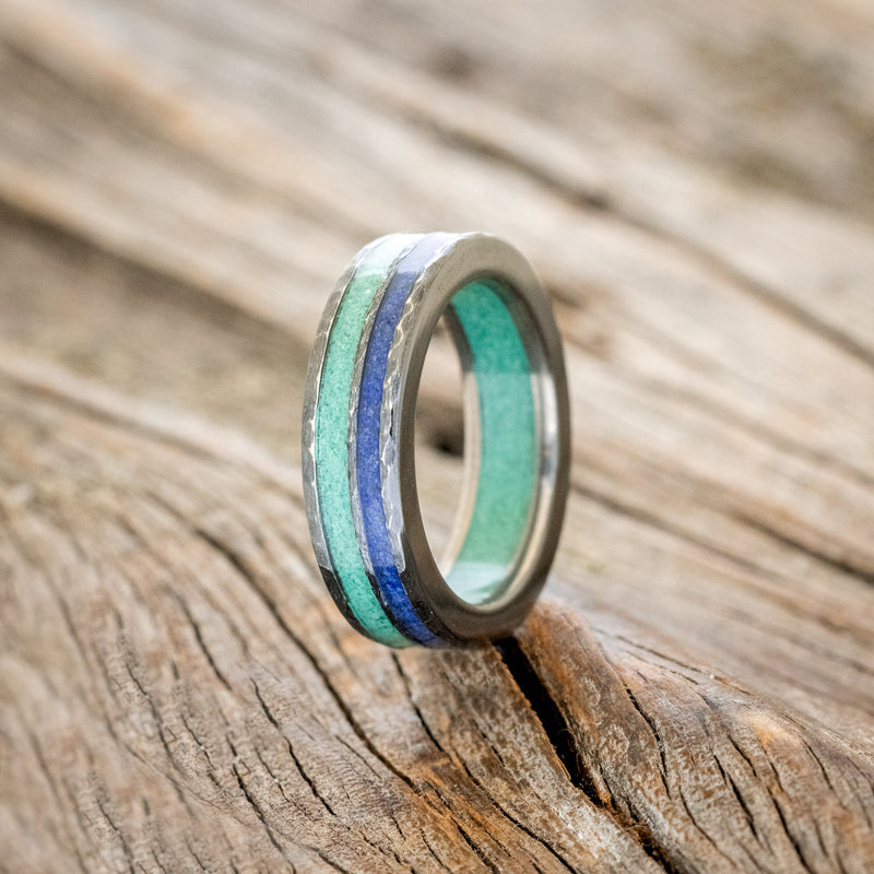 "RAPTOR" - LAPIS LAZULI & MALACHITE INLAY & LINING WEDDING BAND WITH A HAMMERED FINISH-10