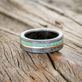 "CASTOR" - MALACHITE & 14K GOLD INLAY WEDDING BAND FEATURING A HAMMERED FINISH WITH MOSS LINING-3