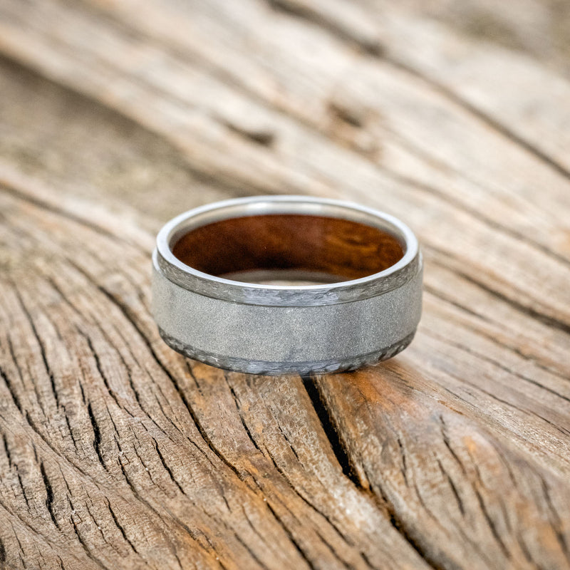 "SEDONA" - WHISKEY BARREL LINED WEDDING RING WITH A FINISH OF YOUR CHOICE - READY TO SHIP