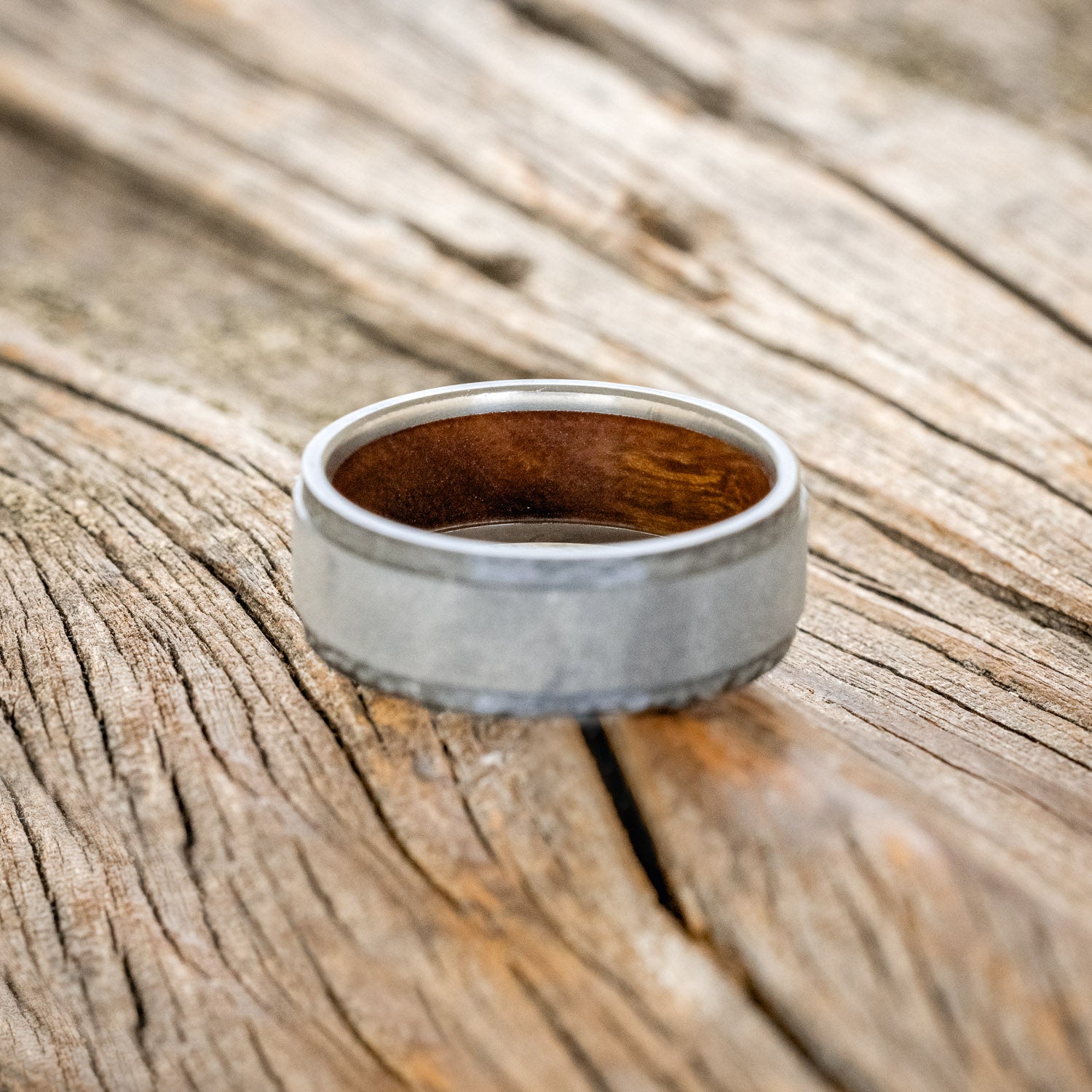 "SEDONA" - WHISKEY BARREL LINED WEDDING RING WITH HAMMERED EDGES & SANDBLASTED CENTER-12