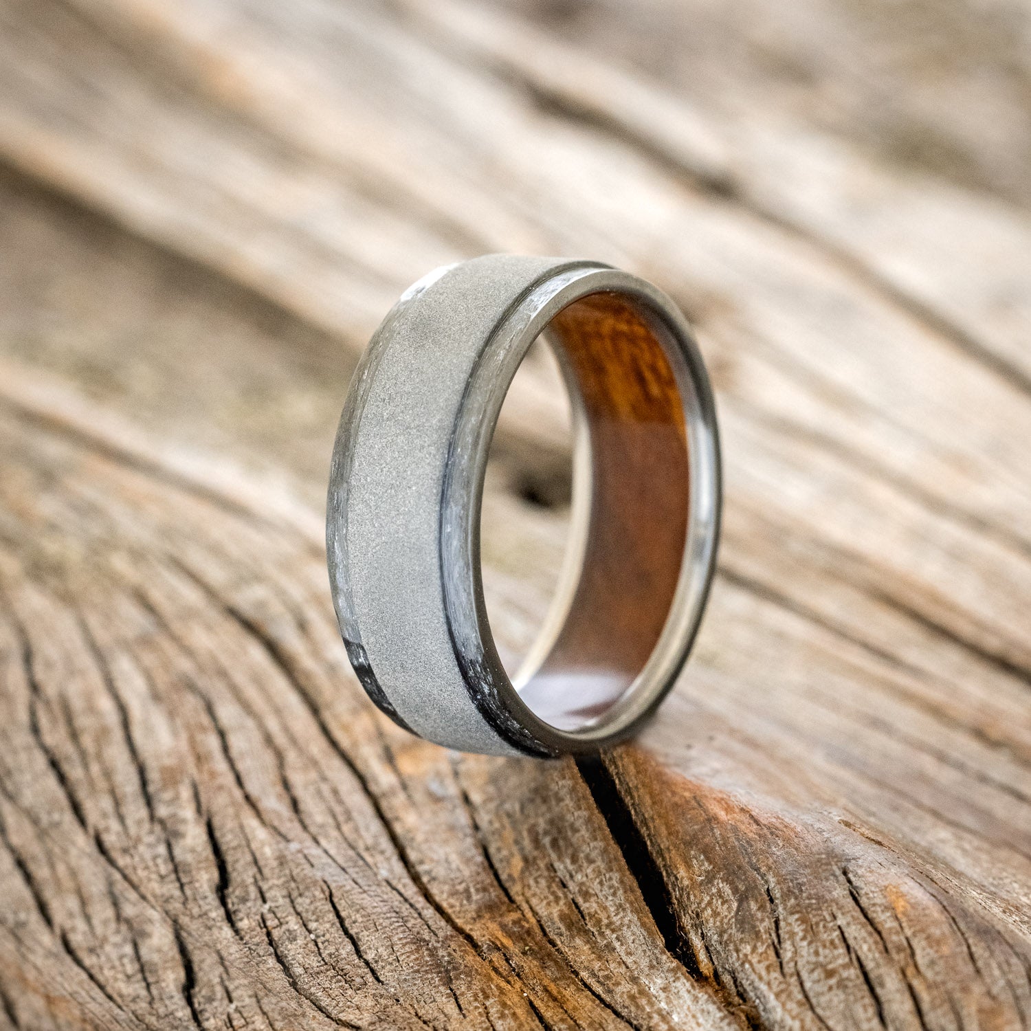 "SEDONA" - WHISKEY BARREL LINED WEDDING RING WITH A FINISH OF YOUR CHOICE - READY TO SHIP-Staghead Designs