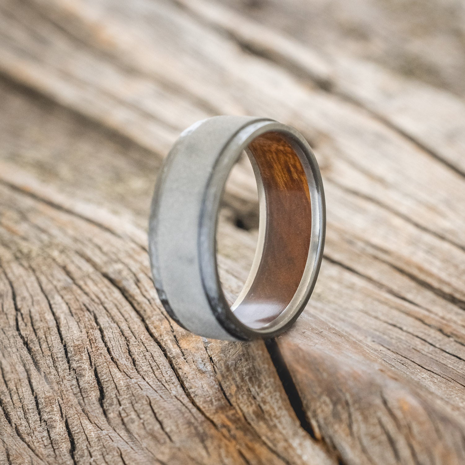 "SEDONA" - WHISKEY BARREL LINED WEDDING RING WITH HAMMERED EDGES & SANDBLASTED CENTER-11