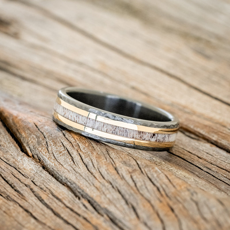 "HOLLIS" - ANTLER & 14K YELLOW GOLD INLAYS WEDDING RING WITH A HAMMERED FINISH-5