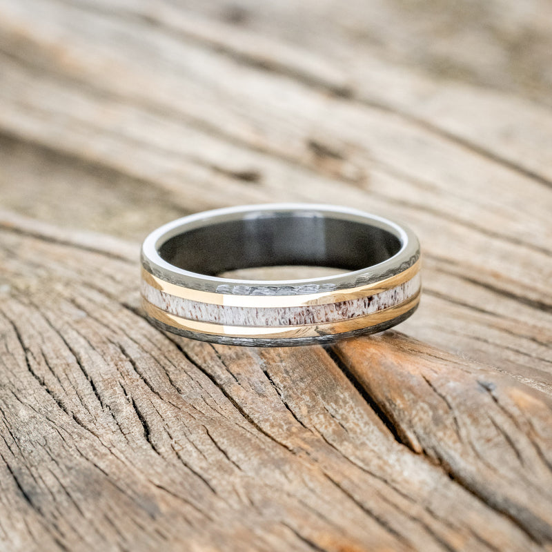 "HOLLIS" - ANTLER & 14K YELLOW GOLD INLAYS WEDDING RING WITH A HAMMERED FINISH-6