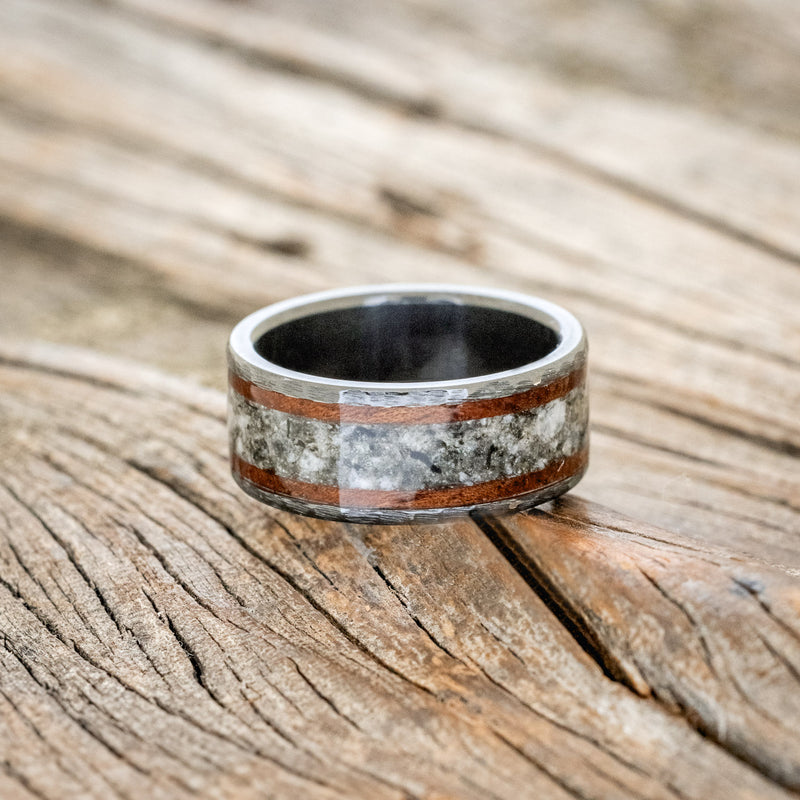 "HOLLIS" - MOONSTONE & KOA WOOD WEDDING BAND WITH A HAMMERED FINISH-3