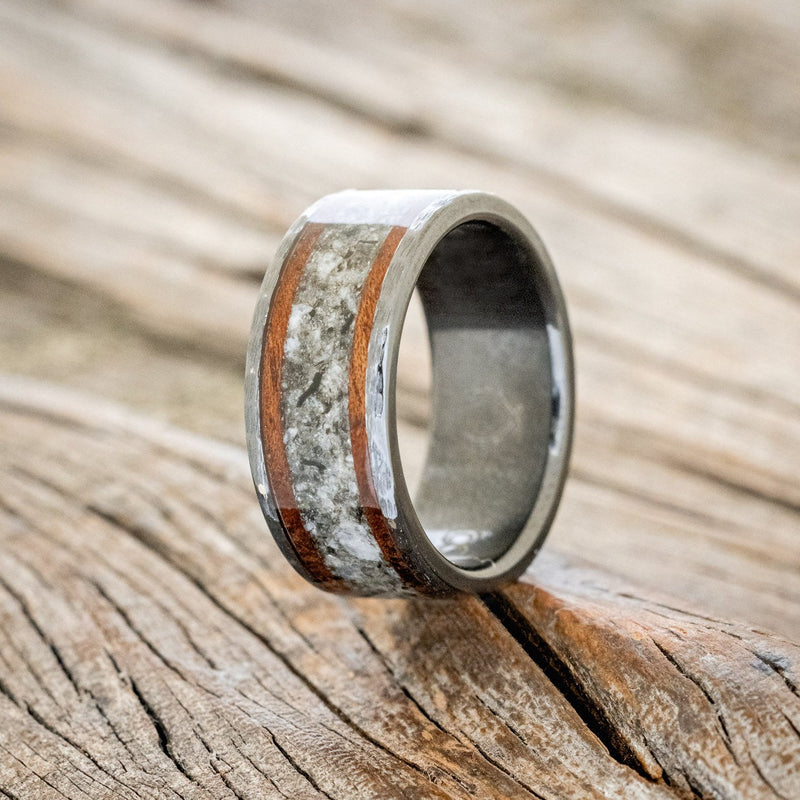 "HOLLIS" - MOONSTONE & KOA WOOD WEDDING BAND WITH A HAMMERED FINISH-1