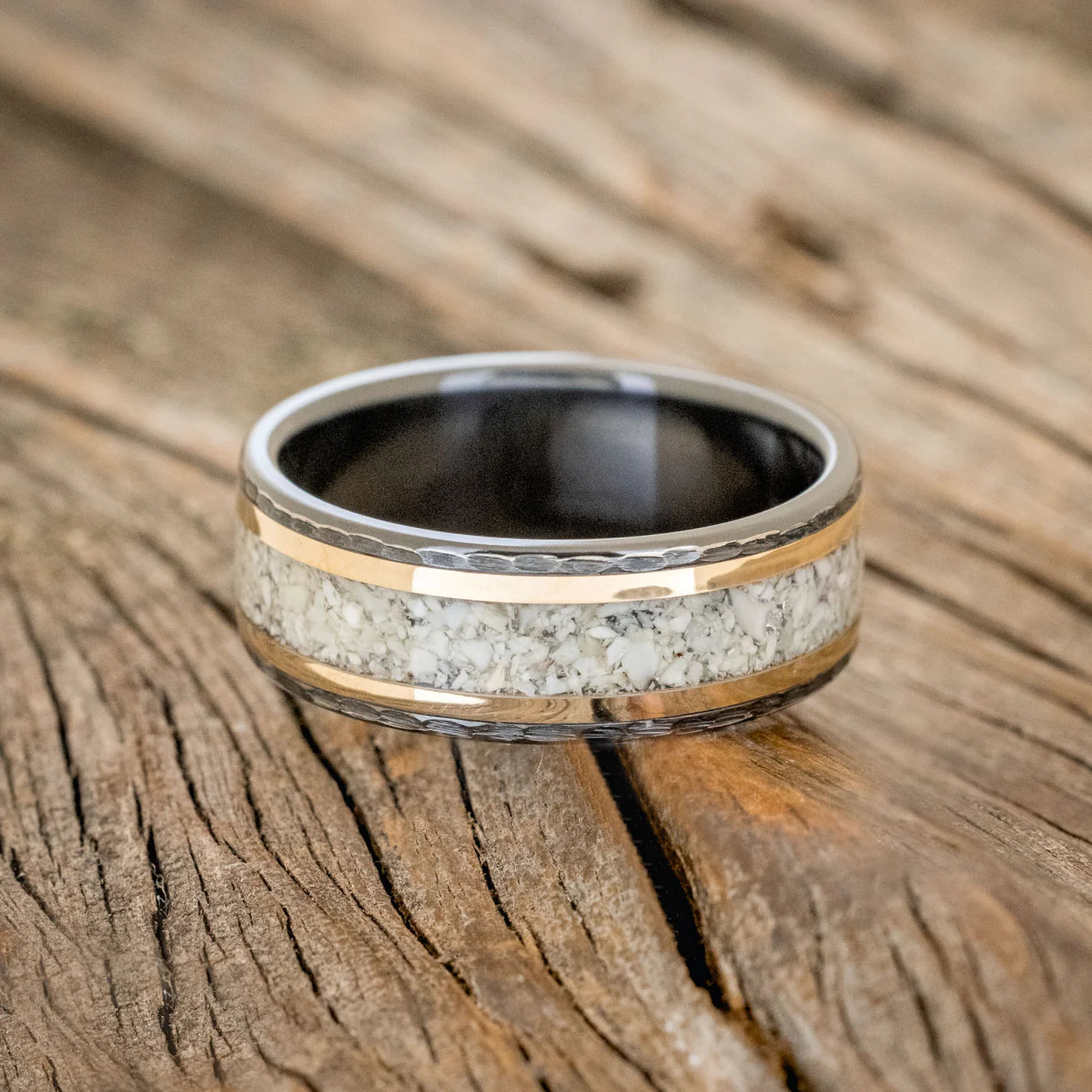 "HOLLIS" - ELK TOOTH IVORY & 14K GOLD INLAYS WEDDING RING FEATURING A HAMMERED BAND - BLACK ZIRCONIUM - SIZE 11 3/4-Staghead Designs