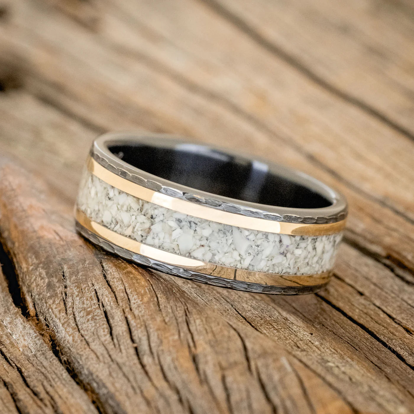 "HOLLIS" - ELK TOOTH IVORY & 14K GOLD INLAYS WEDDING RING FEATURING A HAMMERED BAND - BLACK ZIRCONIUM - SIZE 11 3/4-Staghead Designs