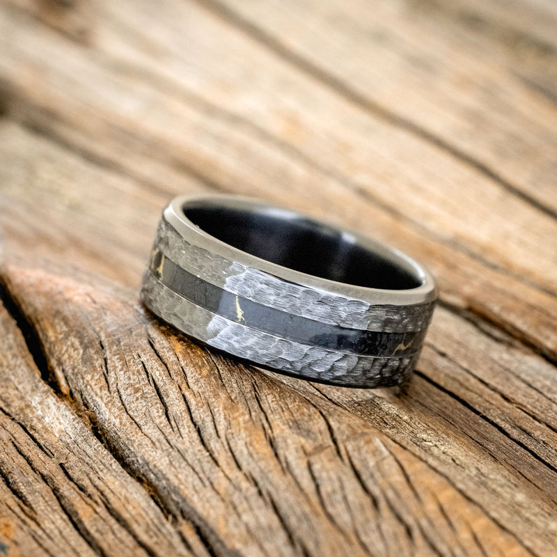 "NIRVANA" - CENTERED BLACK & GOLD MATRIX TRUSTONE INLAY WEDDING BAND WITH HAMMERED FINISH-5