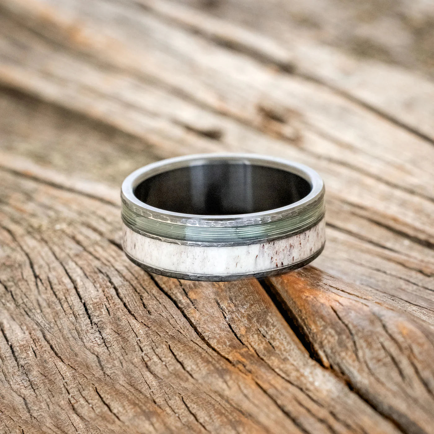 "RAPTOR" - ANTLER & FISHING LINE WEDDING RING FEATURING A HAMMERED BAND - BLACK ZIRCONIUM - SIZE 11-Staghead Designs