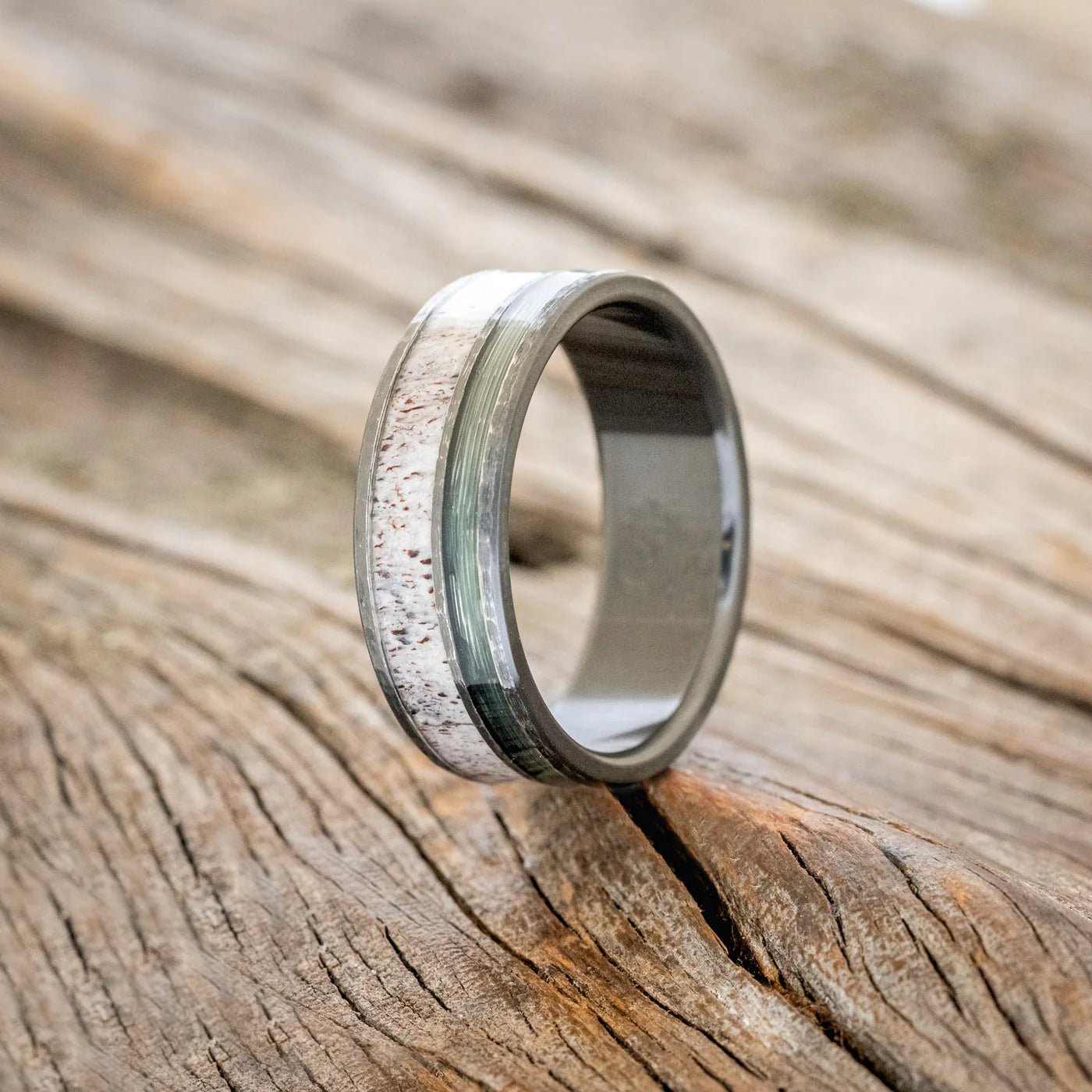 "RAPTOR" - ANTLER & FISHING LINE WEDDING RING FEATURING A HAMMERED BAND - BLACK ZIRCONIUM - SIZE 11-Staghead Designs