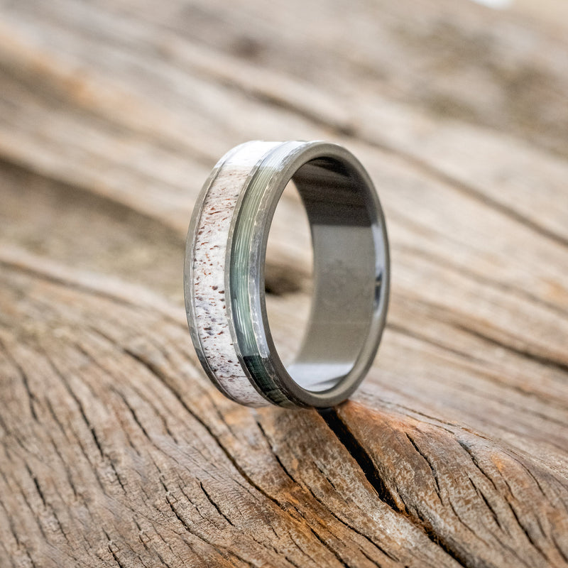 Raptor - Antler & Fishing Line Wedding Ring Featuring A Hammered Band - by Staghead Designs - Black Zirconium - Men's