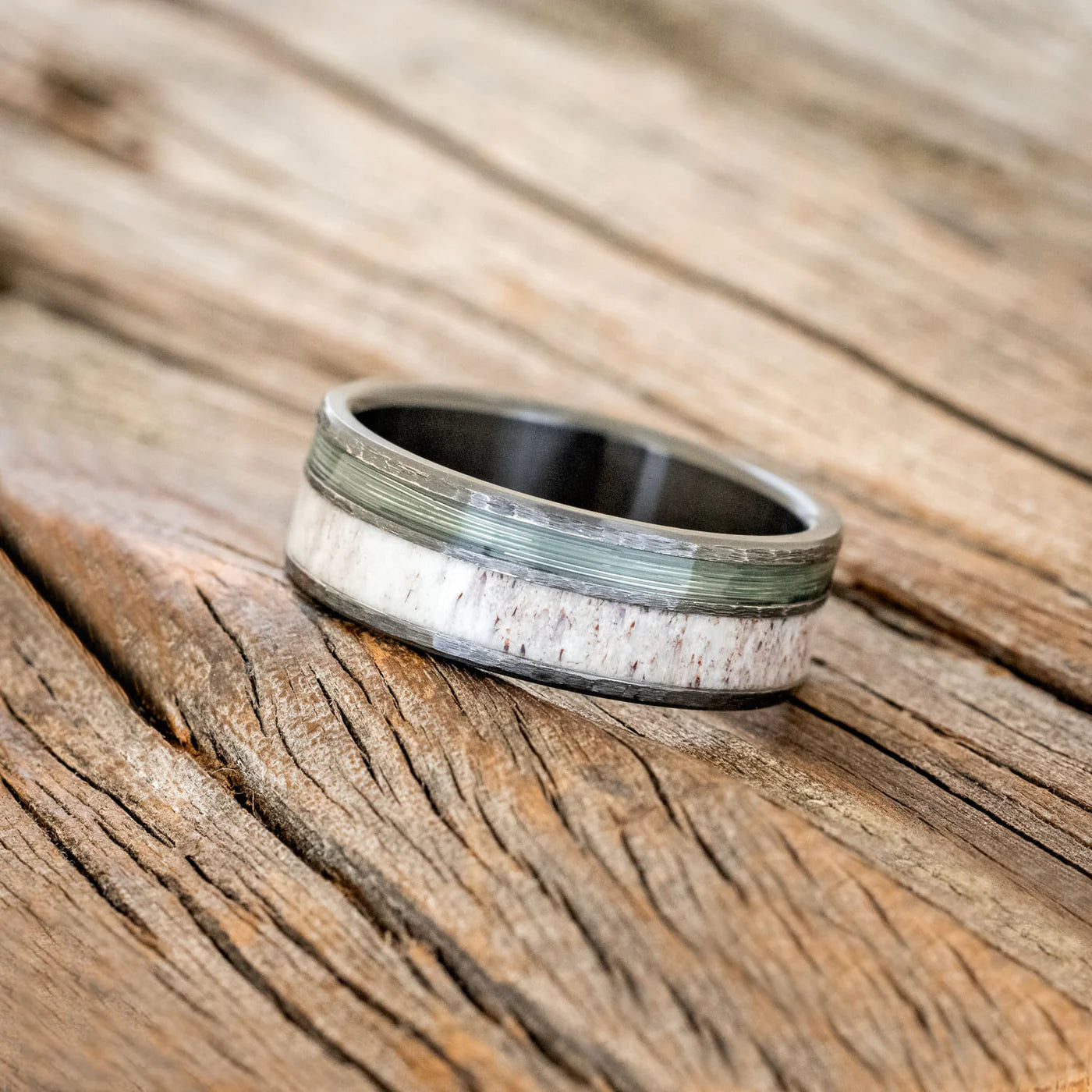 "RAPTOR" - ANTLER & FISHING LINE WEDDING RING FEATURING A HAMMERED BAND - BLACK ZIRCONIUM - SIZE 11-Staghead Designs