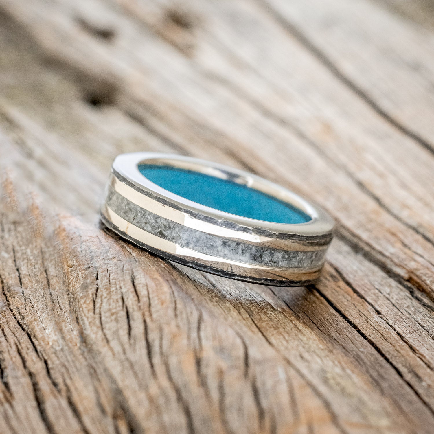 "HOLLIS" - MOONSTONE & 14K WHITE GOLD INLAYS WEDDING RING WITH TURQUOISE LINING FEATURING A HAMMERED BAND-2