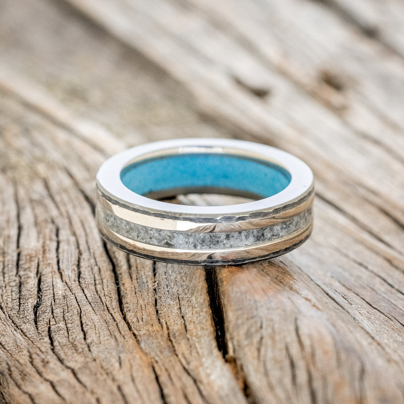 "HOLLIS" - MOONSTONE & 14K WHITE GOLD INLAYS WEDDING RING WITH TURQUOISE LINING FEATURING A HAMMERED BAND-3