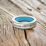 "HOLLIS" - MOONSTONE & 14K WHITE GOLD INLAYS WEDDING RING WITH TURQUOISE LINING FEATURING A HAMMERED BAND-5