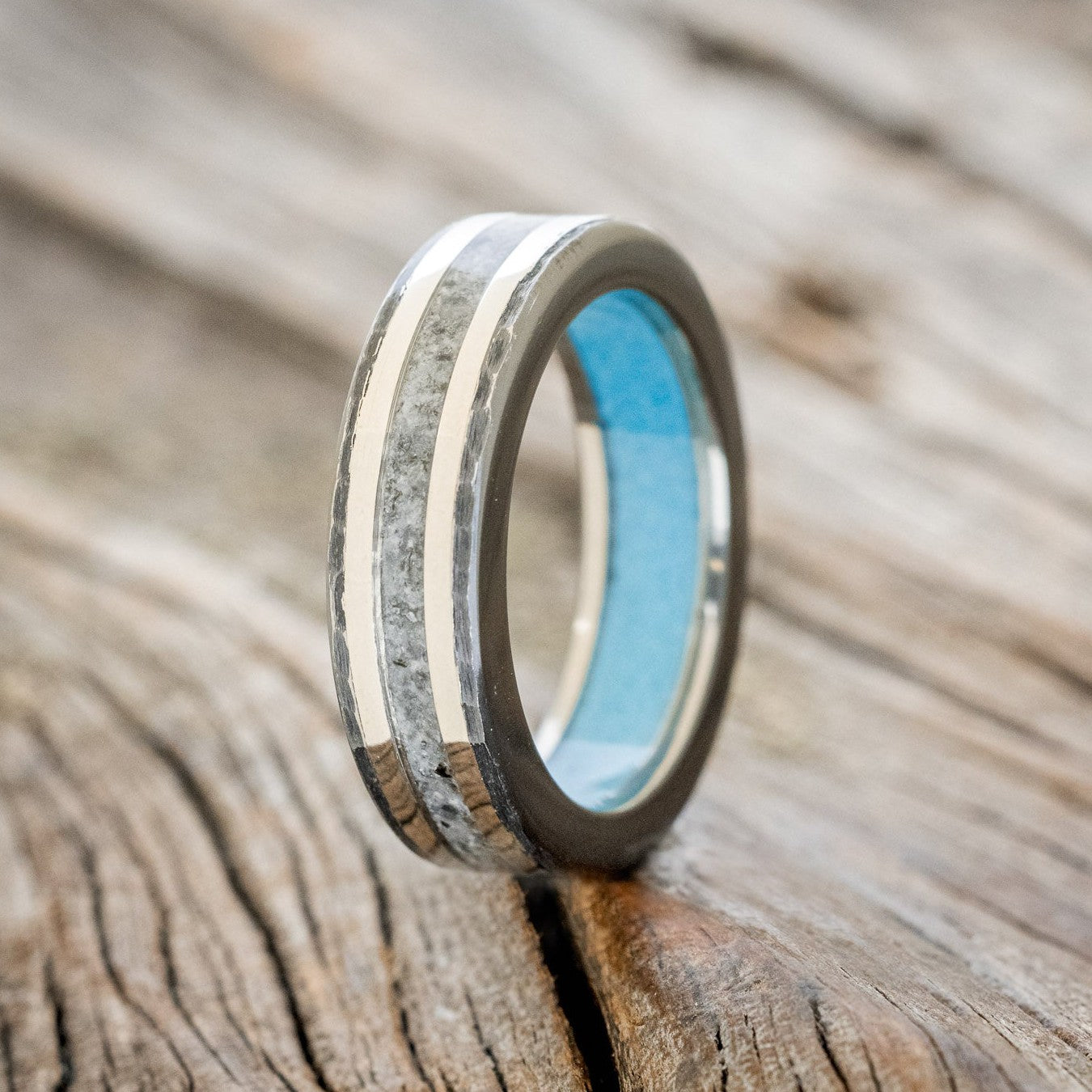"HOLLIS" - MOONSTONE & 14K WHITE GOLD INLAYS WEDDING RING WITH TURQUOISE LINING FEATURING A HAMMERED BAND-1