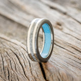 "HOLLIS" - MOONSTONE & 14K WHITE GOLD INLAYS WEDDING RING WITH TURQUOISE LINING FEATURING A HAMMERED BAND-4